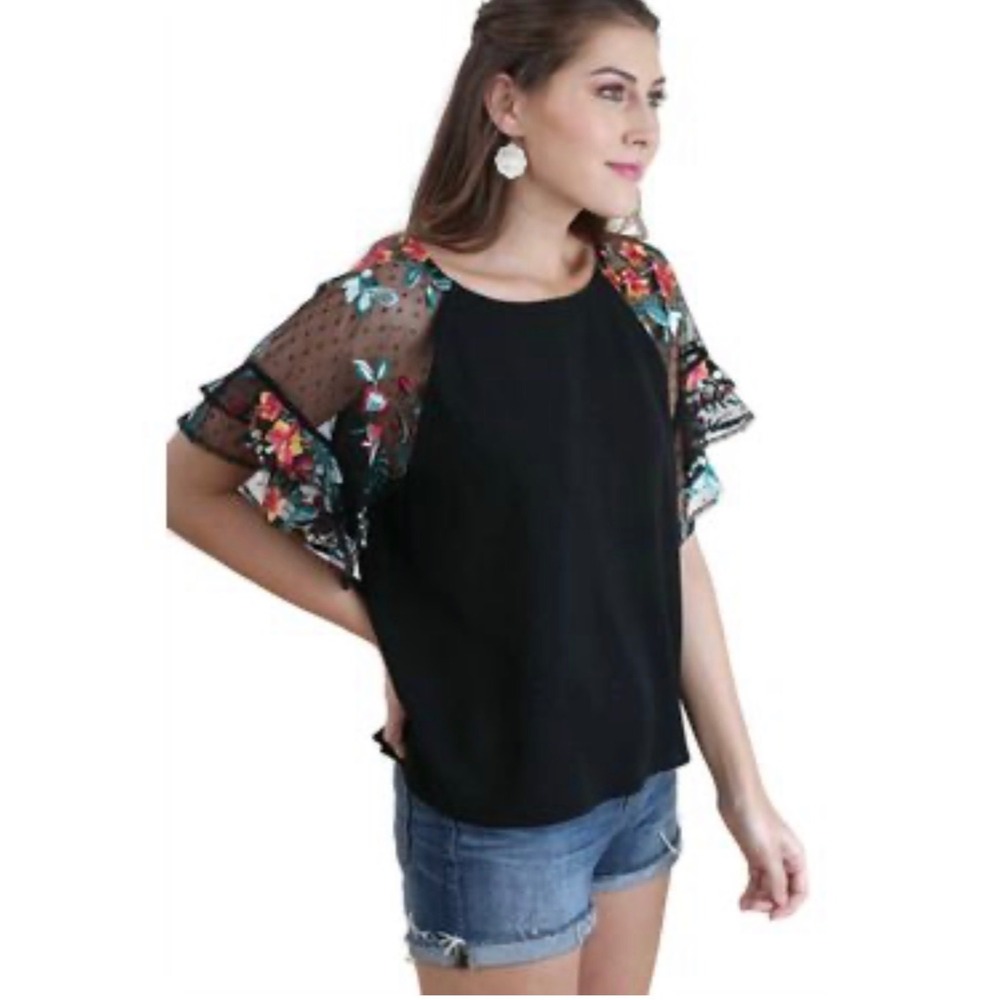 Umgee Women's Black Floral Embroidered Mesh Ruffle Sleeve Blouse Size Medium